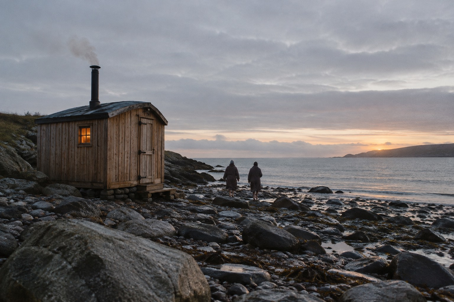 A small wooden sauna hut on a rocky shore at dusk, smoke rising from its chimney, as two people in robes walk down to the sea.
